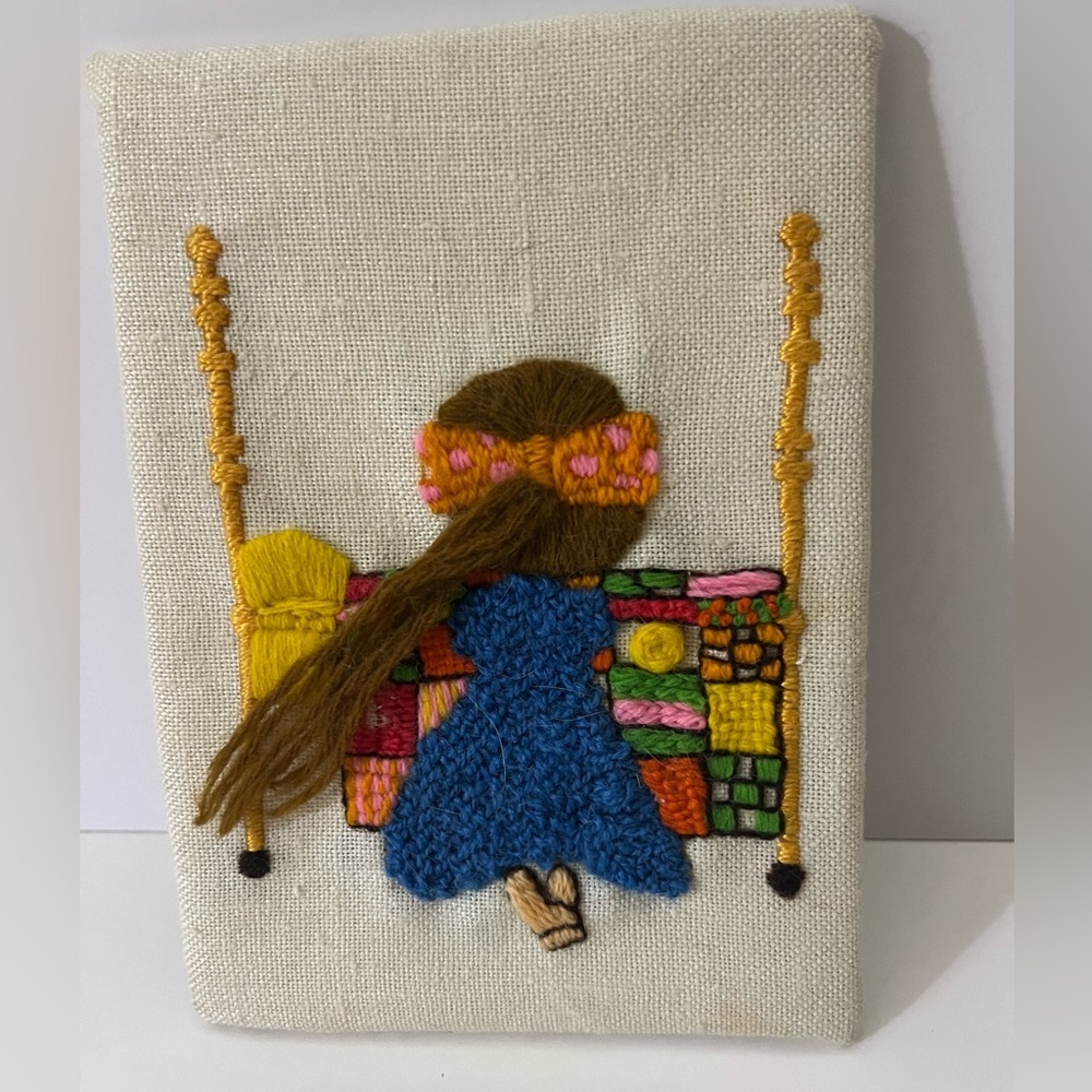 Vintage Finished Crewel Little Girl, 70s Needlepoint Wall Art Ready for framing